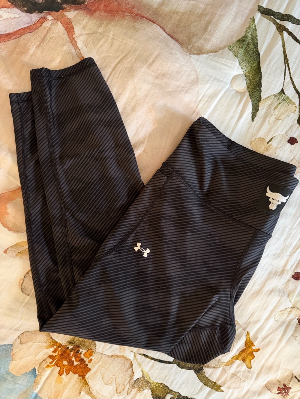 Under Armour Project Rock Black Leggings with Subtle Stripe/Camouflage Pattern